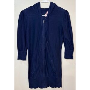 Juicy Couture Navy Y2K Knit Longline Zip Up Hoodie Sweater 3/4 Sleeve Womens M